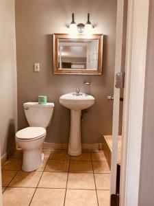 ein Badezimmer mit einem WC, einem Waschbecken und einem Spiegel in der Unterkunft Red Carpet Inn - Norristown in Norristown