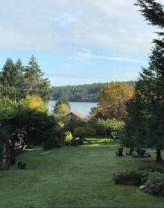 a view of a park with a lake in the background at Driftwood Village Resort in Sturdies Bay