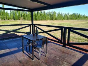 una mesa y sillas en un porche con vistas a un campo en Chacra Arana cabaña de campo, en Villa Regina