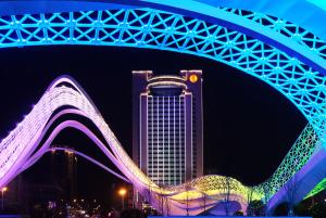 Ramada Plaza Optics Valley Hotel Wuhan (Best of Ramada Worldwide) في ووهان: جسر مع مبنى في الخلفية ليلا