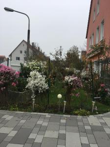 einen Garten mit rosa Blumen und einem Straßenlicht in der Unterkunft Ferienhaus Gumann in Nürnberg