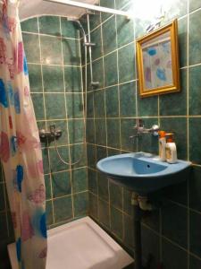 a green tiled bathroom with a sink and a shower at Sobi-Rooms for Rent part of House Floor in Gradsko