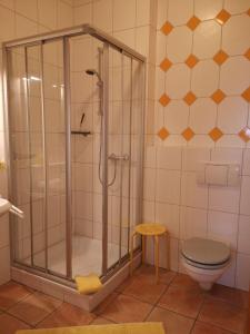 een badkamer met een douche en een toilet bij Gartenwohnung in Norden