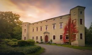 duży biały budynek z podjazdem w obiekcie Zamek Dobroszyce w mieście Dobroszyce