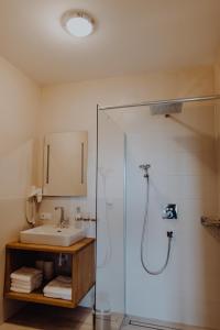 ein Bad mit einem Waschbecken und einer Dusche in der Unterkunft Winzerhaus am Gamlitzberg in Gamlitz