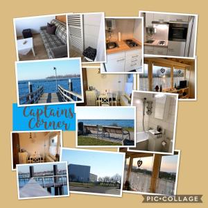 uma colagem de fotografias de casas e condomínios em Fehmarn Ferienwohnung Weber Captains Corner Südstrand WHG 59-110 em Fehmarn