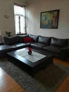 - un salon avec un canapé noir et une table dans l'établissement Apparts Chez Odak, à Bruxelles