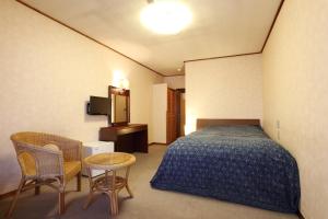 a bedroom with a bed and a tv and chairs at Hotel Taigakukan in Hakuba