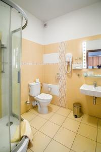 a bathroom with a toilet and a shower and a sink at Hotel Academic in Zvolen