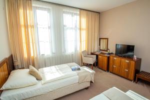 Habitación de hotel con cama y TV en Hotel Academic, en Zvolen