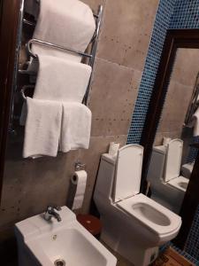 シムケントにあるseoul hotelのバスルーム(洗面台、トイレ、タオル付)