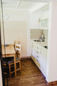 a small kitchen with a table and a sink at Penzion U Haliny in Třinec