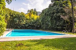 a swimming pool in a yard with trees at Miralago Apartments Villa Trotti in Bellagio