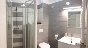 ソンバトヘイにあるGerendas Panzióのバスルーム(シャワー、トイレ、シンク付)