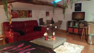 sala de estar con sofá rojo y TV en Bien-être, en Alignan-du-Vent