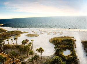 an aerial view of a beach with palm trees and the ocean at Beach Residences On Siesta, aka The Hyatt in Siesta Key