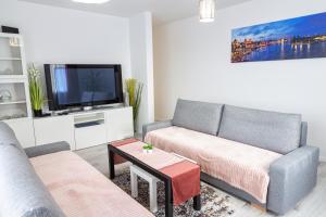 een woonkamer met 2 banken en een tv bij Apartament Yooka in Szczecin