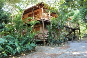 uma casa na árvore com uma escada que leva até ela em Pousada Canto Verde em Boiçucanga