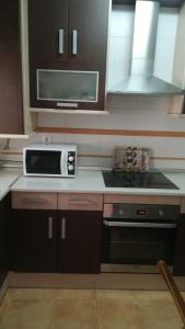 a kitchen with a stove and a microwave at Casa Lucía y Clara benaojan in Benaoján