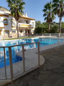 a fence next to a swimming pool with palm trees at Casa Lucía y Clara benaojan in Benaoján