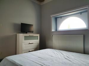 - une chambre avec un lit, une télévision et une fenêtre dans l'établissement Tartigousse, à Saint-Aignan
