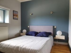een slaapkamer met een groot bed met blauwe muren bij Tartigousse in Saint-Aignan