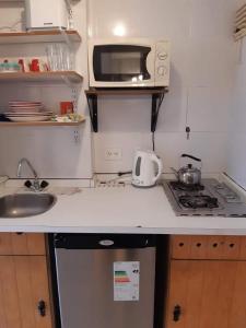a small kitchen with a sink and a microwave at Studio Center Bariloche in San Carlos de Bariloche