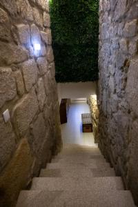 a hallway with a stone wall and stairs with plants at Casa Jardim in Porto