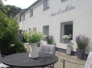 a table with a vase on top of it in front of a building at ❤️ KLEINE AUSZEIT ❤️ in Hohwacht