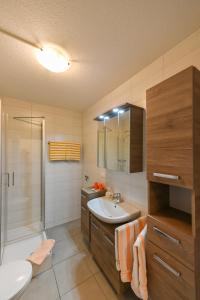 a bathroom with a sink and a toilet and a shower at Gasthof Kolb in Bayreuth