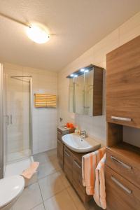 een badkamer met een wastafel, een toilet en een douche bij Gasthof Kolb in Bayreuth