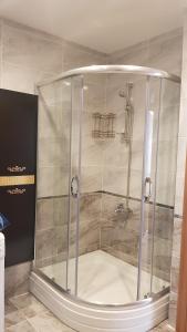 a shower with a glass enclosure in a bathroom at Istanbul Modern Flats with Amazing Sea View in Istanbul +47 photos
