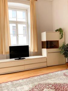 een woonkamer met een flatscreen-tv en een raam bij Pension Huber - Apartement Wien 9 in Wenen
