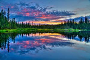 un lago en medio de un bosque al atardecer en Candlewood Suites - Fairbanks, an IHG Hotel, en Fairbanks