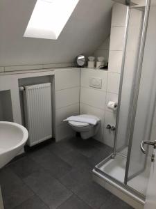 a bathroom with a shower and a toilet and a sink at NOX - Bed & Breakfast in Steinheim