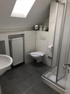 een badkamer met een douche, een toilet en een wastafel bij NOX - Bed & Breakfast in Steinheim