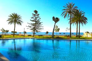a swimming pool with palm trees and the ocean at Magical Sea View Studios II in Torremolinos