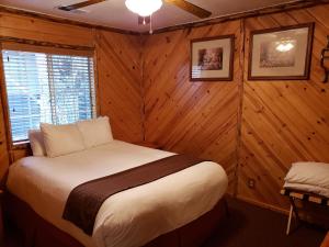 a bedroom with a bed in a room with wooden walls at Big Bear Frontier in Big Bear Lake