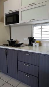 a kitchen with blue cabinets and a stove top oven at Latitude Adjustment in San Juan