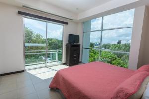 a bedroom with a bed and a tv and large windows at San Pedro Hotel, 5ta Avenida in Playa del Carmen +186 photos