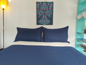 1 dormitorio con cama azul y almohadas azules en Karma en San Martín de los Andes