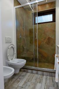 W łazience znajduje się prysznic, toaleta i umywalka. w obiekcie Archi S lounge w mieście Gałacz