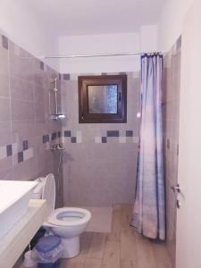 a bathroom with a toilet and a sink and a window at Gouvia House Luxury Apartments in Gouvia