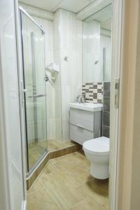 uma casa de banho com um chuveiro, um WC e um lavatório. em City Center Studio em Strumica