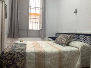 sypialnia z łóżkiem i oknem w obiekcie Hostal Alcobia w Sewilli