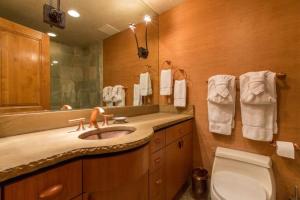 ein Badezimmer mit Waschbecken, Toilette und Spiegel in der Unterkunft Northwoods Steps to Chairlift in Vail + 14 Fotos