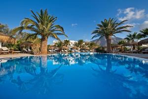 una gran piscina con palmeras en un complejo en Atlantis Beach Villa, en Perivolos