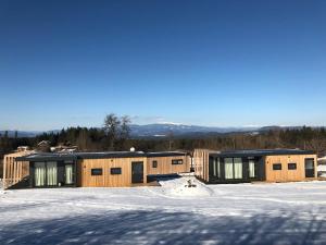 una fila de edificios en la nieve delante en Chaletpark Petzen en Feistritz ob Bleiburg