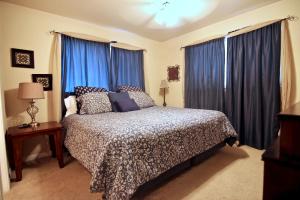 a bedroom with a bed with blue drapes at Guadalupe Getaway in New Braunfels +17 photos