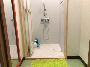 La salle de bains est pourvue d'une douche et d'un tapis vert. dans l'établissement Hotel Wish HANA, à Ōtsu